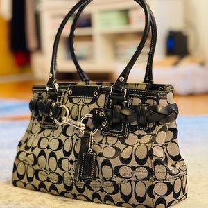 Coach Hampton Signature Logo Black Leather Trim Purse